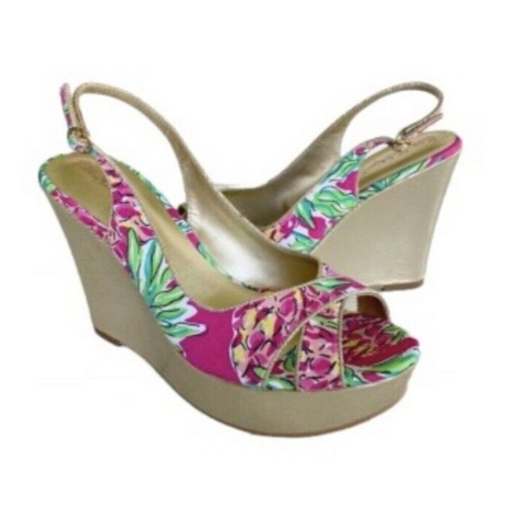 Lilly Pulitzer Ginger Wedge Sandals Spike The Punch Floral‎ Gold Platform Sz 8.5
